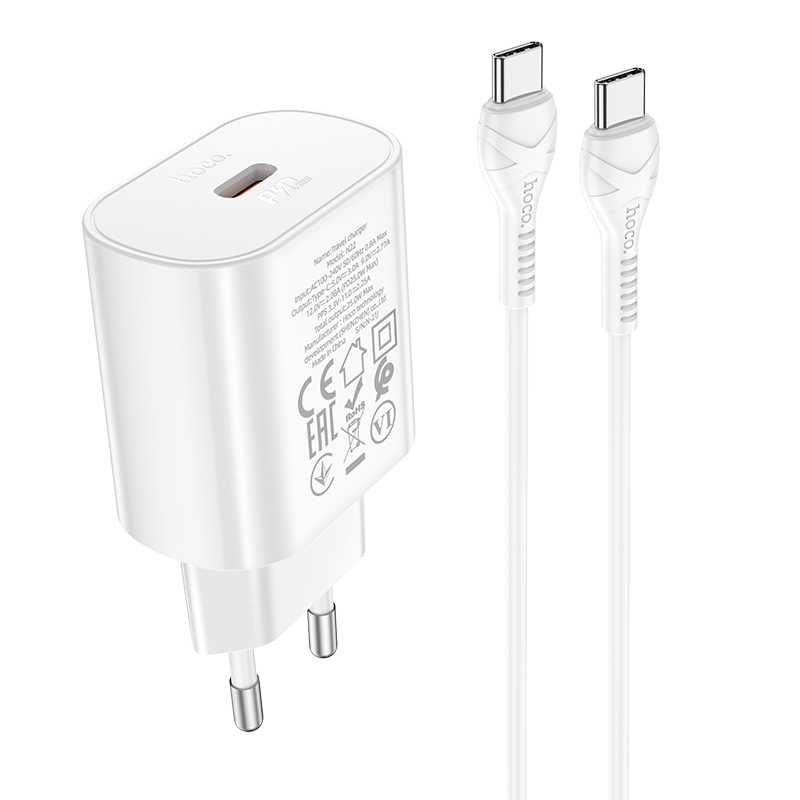 HOCO N22 Jetta PD25W Charger with 1M Dual Type-C Cable EU Adapter White