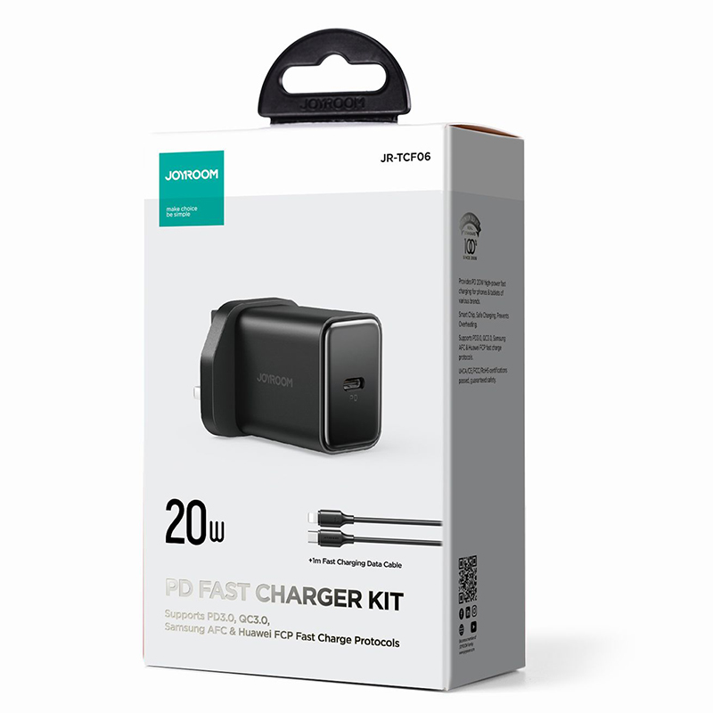 JOYROOM TCF06 20W Fast Charger with 1M Type-C to Lightning 20W Cable UK Plug White CE/FCC/RoHS Certified