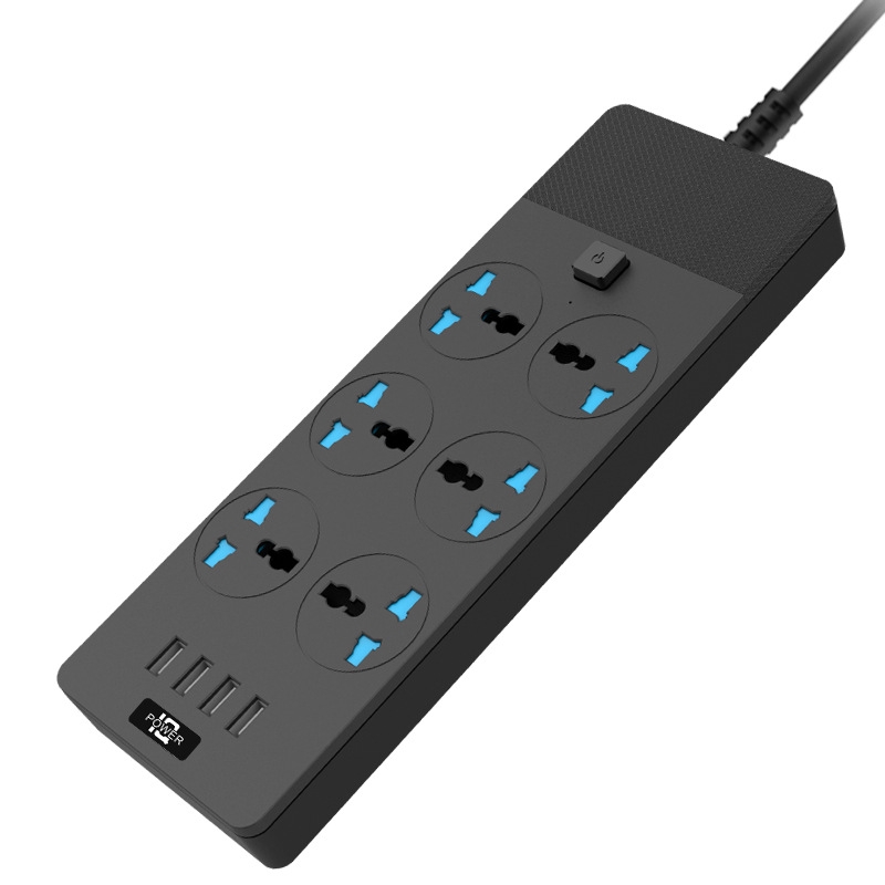 TB-T12 3000W 2m 4-USB Ports + 6-Jacks Multifunctional Flame-Retardant Socket With Switch(UK Plug)