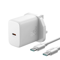 [6956116757106] JOYROOM TCF11 25W Fast Charger with 1M Type-C to Type-C 60W Cable UK Plug White CE/FCC/RoHS Certified